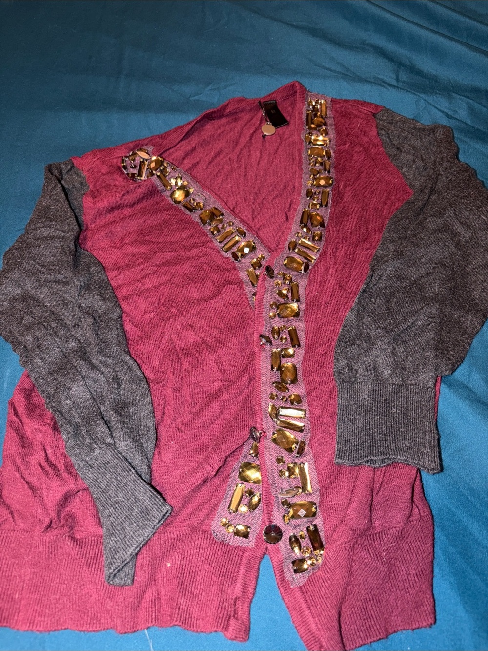 BKE Boutique Two-Tone Burgundy and Gray Women's Cardigan Sweater with embe rhi
